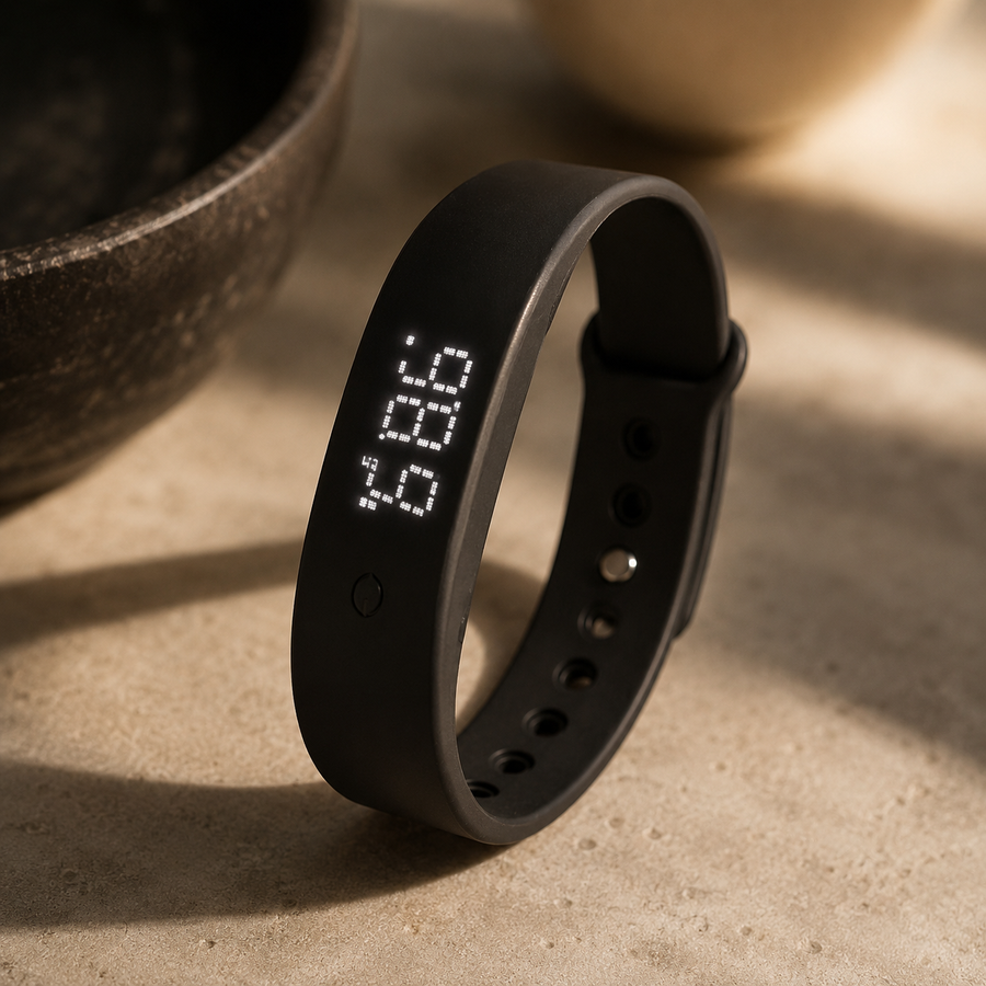 Foundation Watch on a wrist in soft daylight, calm display reading 98.4 degrees.