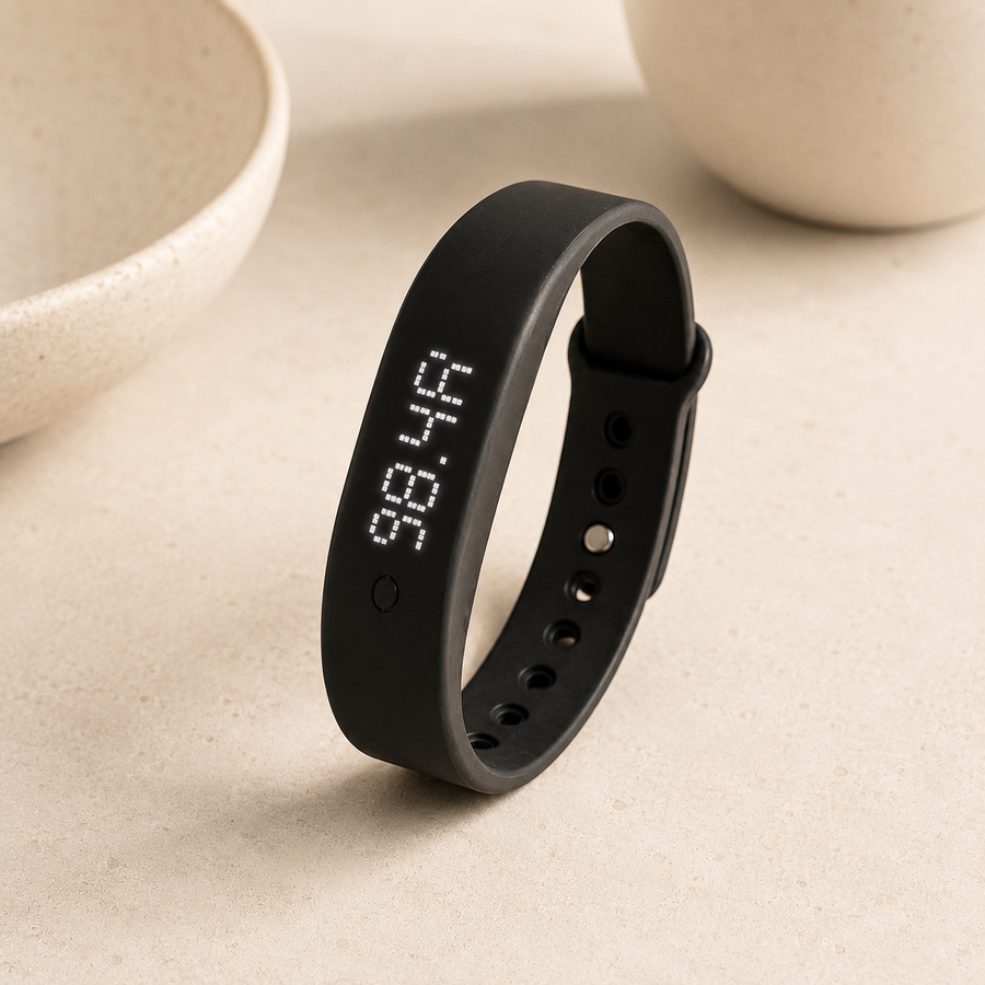 Foundation Watch on a wrist in soft daylight, calm display reading 98.4 degrees.