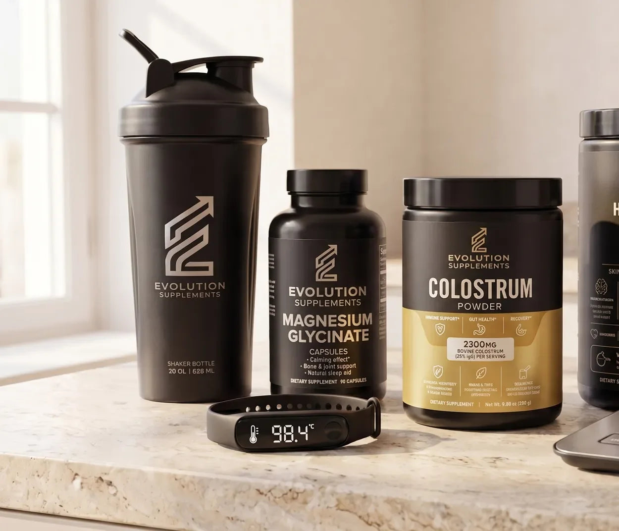 All three supplements staged with the Custom Foundation Shaker.